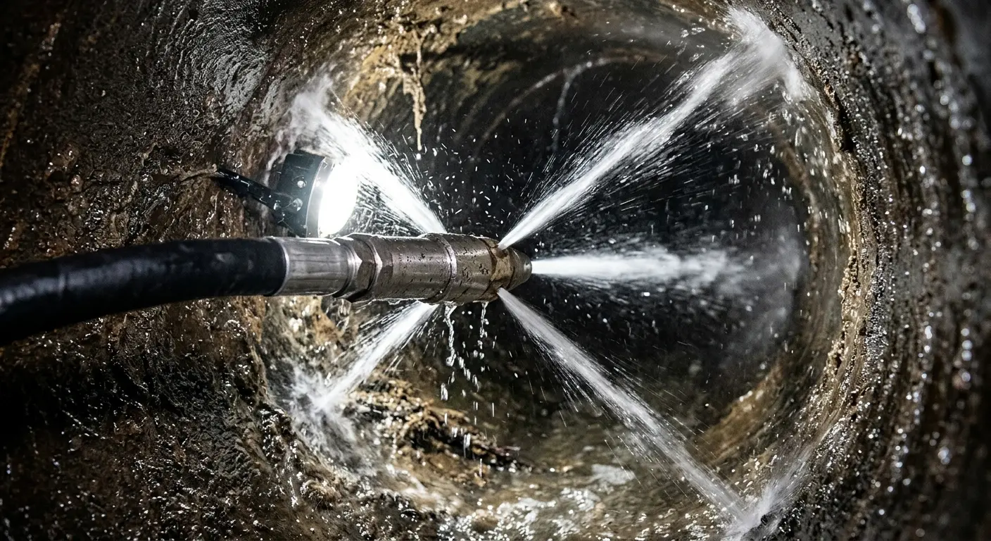 High-pressure hydro jetting nozzle cleaning sewer pipe for Emergency Drain Service in Laurel