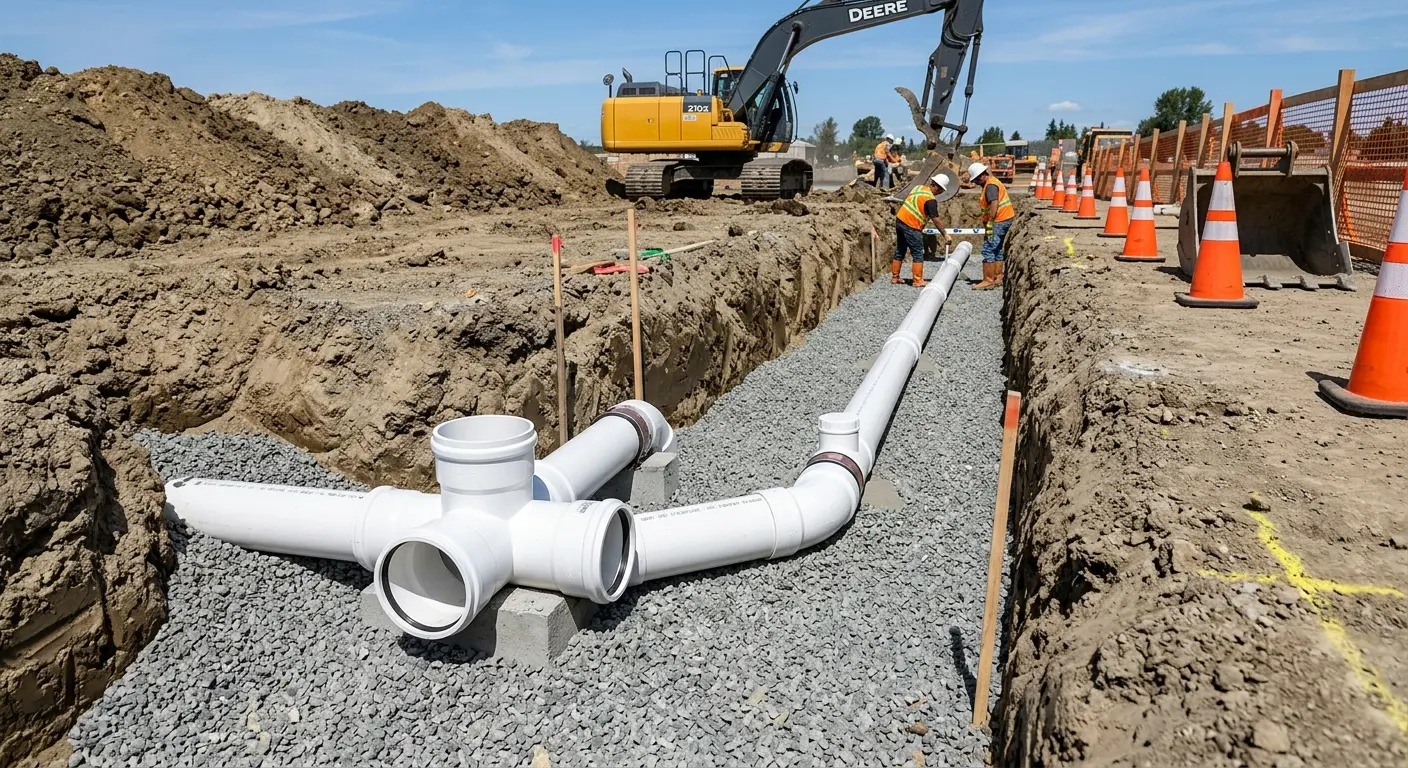 New PVC sewer pipe installation in open trench for Sewer Backup in Laurel