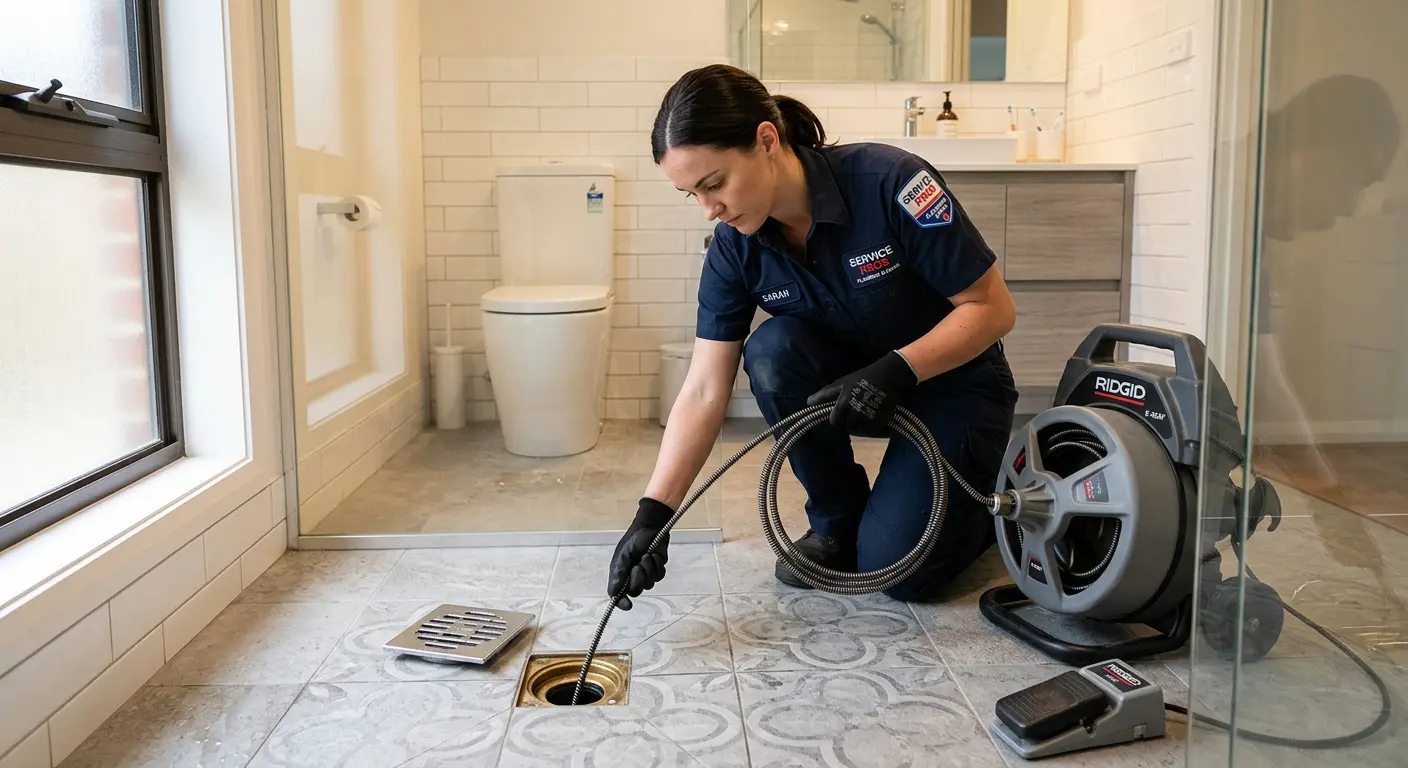 Technician clearing a bathroom floor drain for Drain Cleaning in Laurel